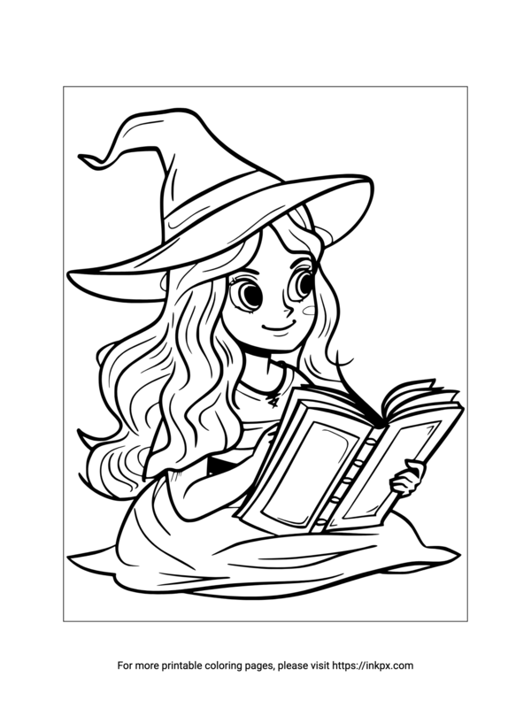 Free Printable Witch Reading Book Coloring Page