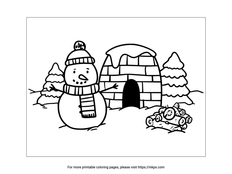 Printable Snowman in Front of Snow Fort Coloring Page