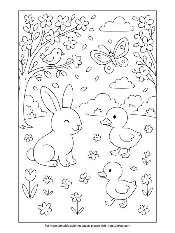 Free Printable Spring Scene & Cute Animals Coloring Page