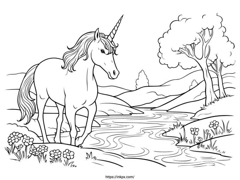 Free Printable River & Unicorn Coloring Page