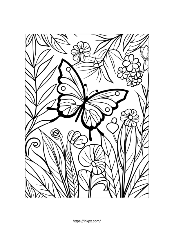 Printable Butterfly & Garden Coloring Page