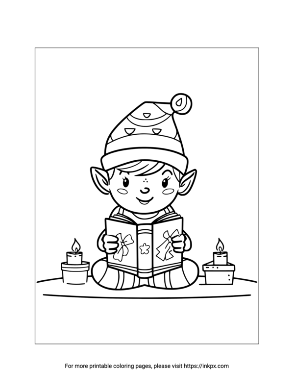 Free Printable Elf Reading Book Coloring Page
