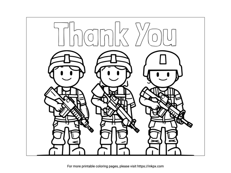 Printable Thank You Veterans & Cartoon Soldiers Coloring Sheet