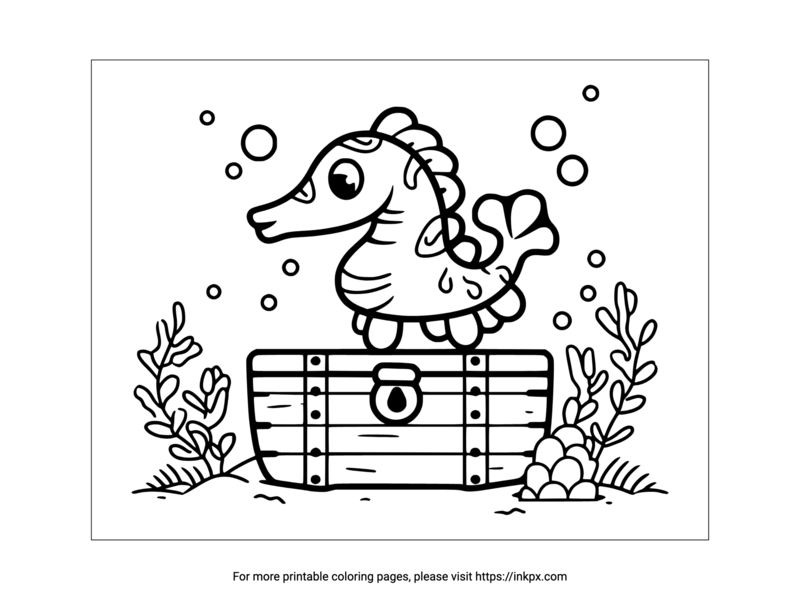 Printable Seahorse & Treasure Chest Coloring Page