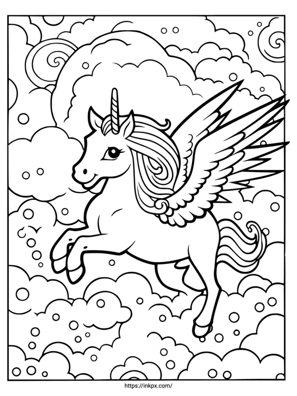 Free Printable Flying in the Sky Unicorn Coloring Page · InkPx