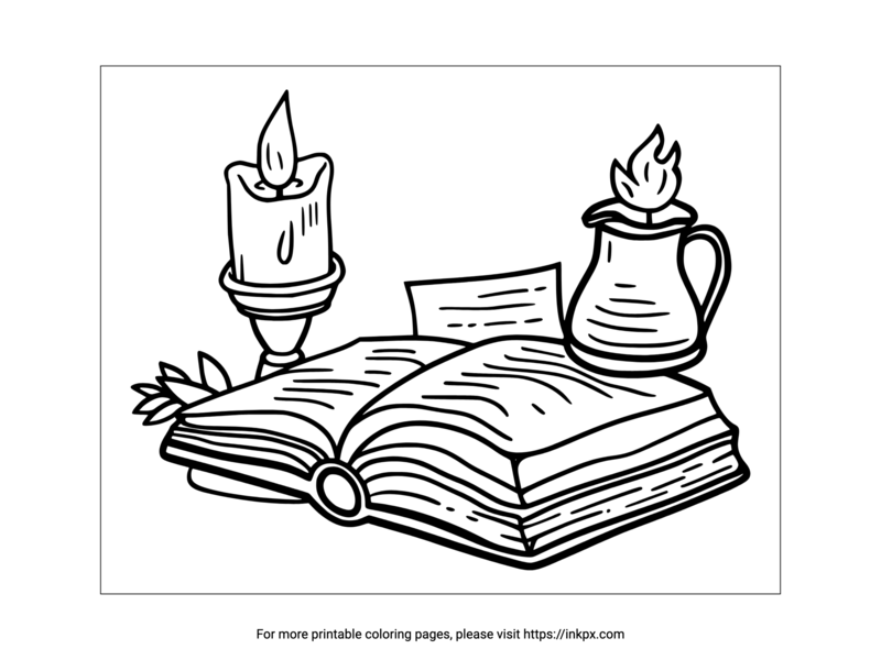 Printable Book & Candle Lamp Coloring Page
