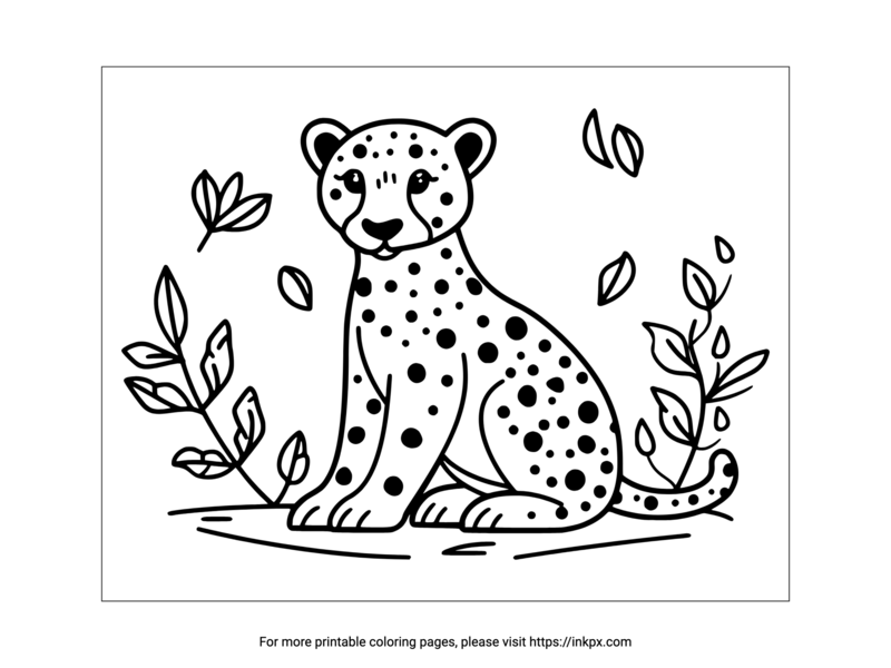 Free Printable Cheetah & Leaves Coloring Page