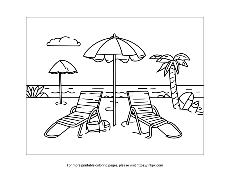 Printable Summer Beach Umbrellas and Chairs Coloring Page