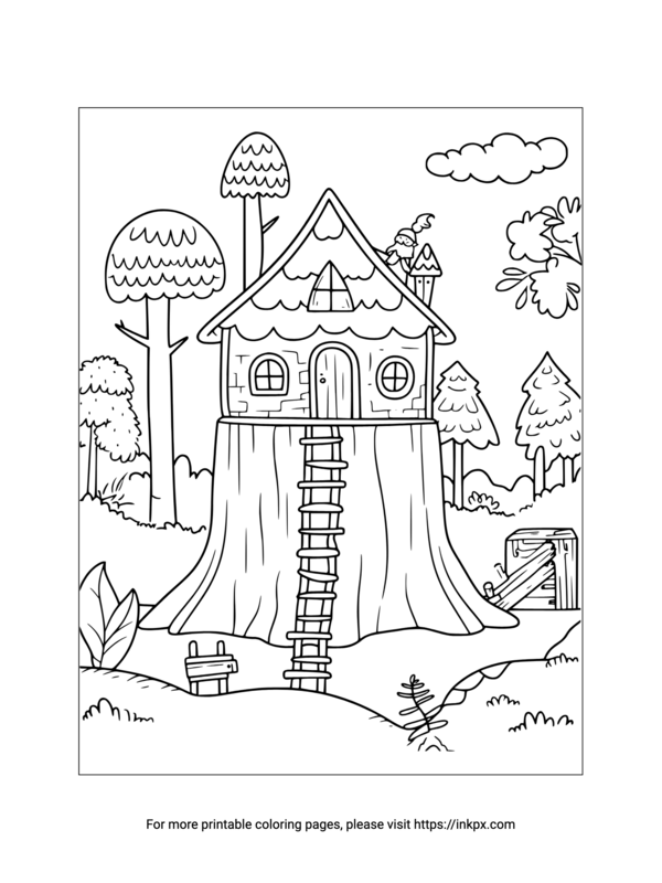 Printable Elf Tree House Coloring Page