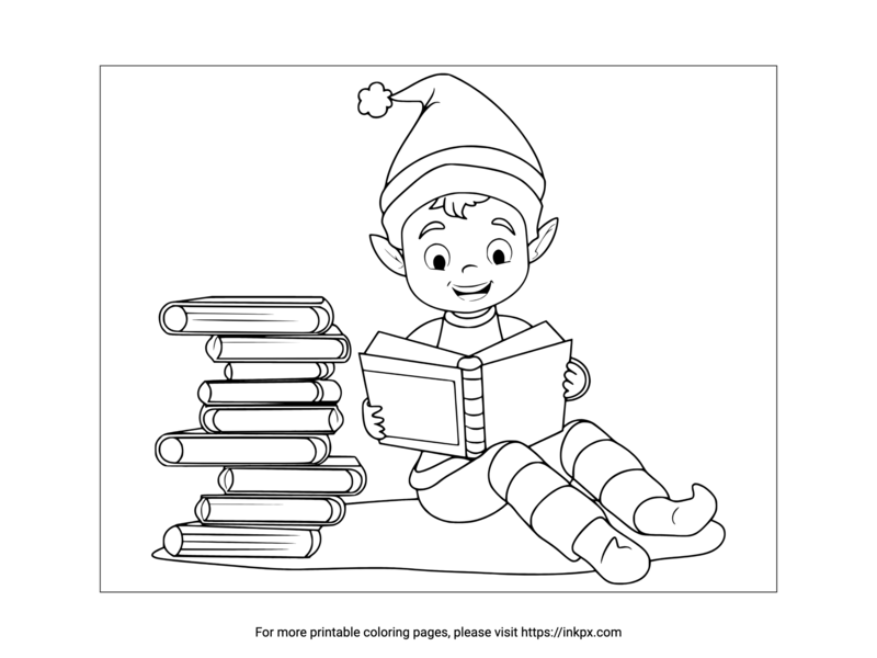 Free Printable Elf & Books Coloring Page