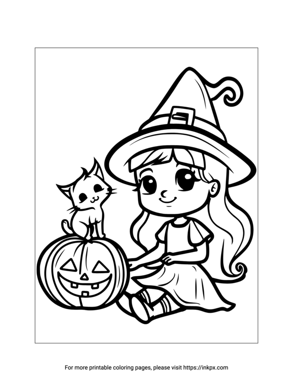 Free Printable Witch & Pumpkin Coloring Page