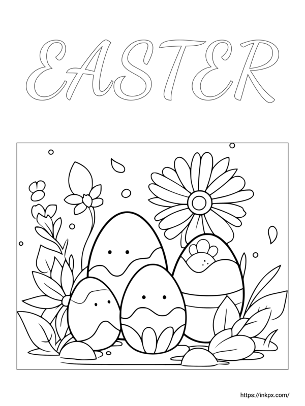 Free Printable Cartoon Easter Eggs and Flowers Coloring Page