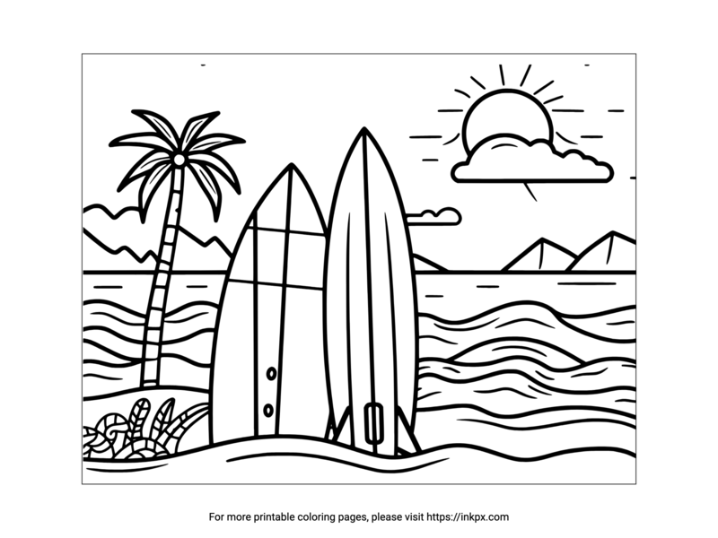 Printable Summer Beach and Surfboard Coloring Page