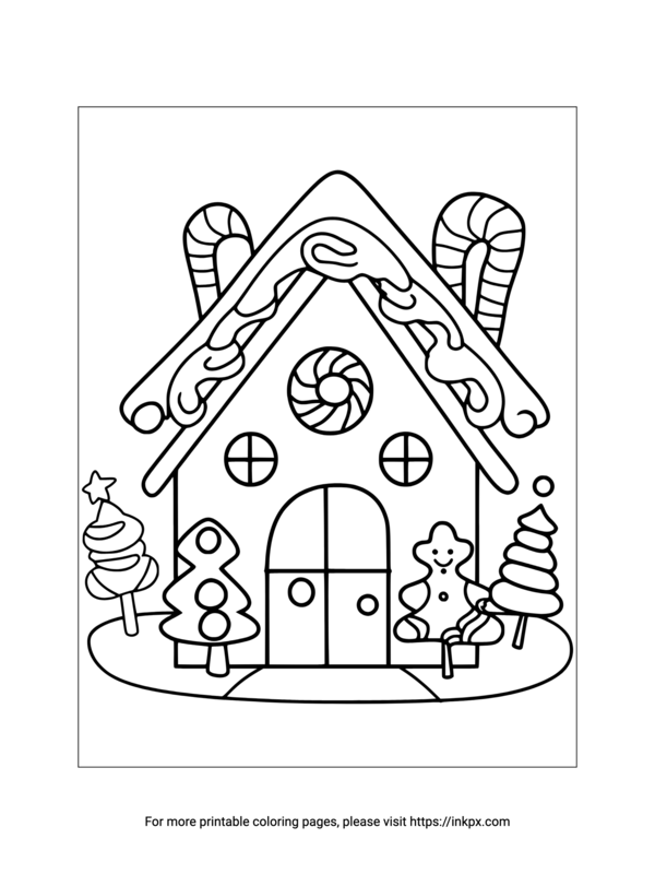 Free Printable Candy Shop Gingerbread House Coloring Sheet