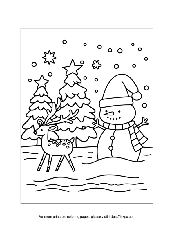 Printable Snowman & Deer Coloring Page