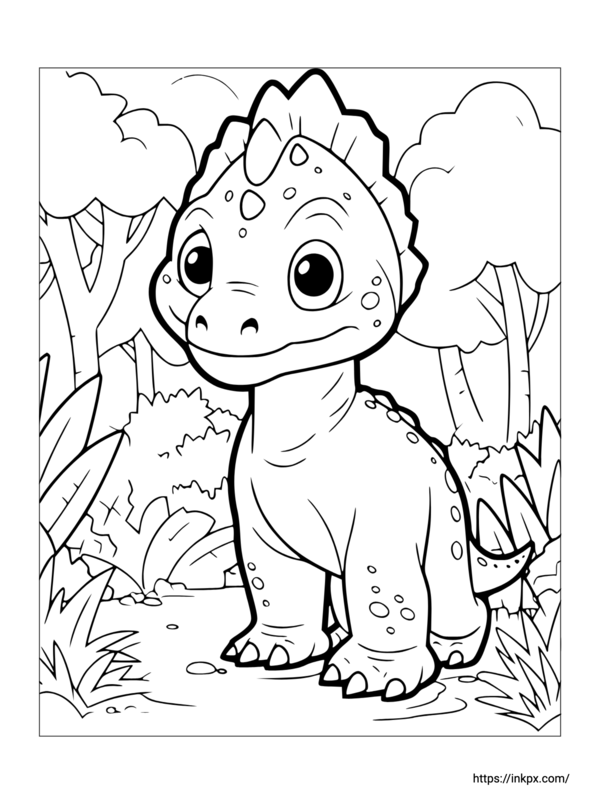 Printable Cute Dinosaur in Forest Coloring Page