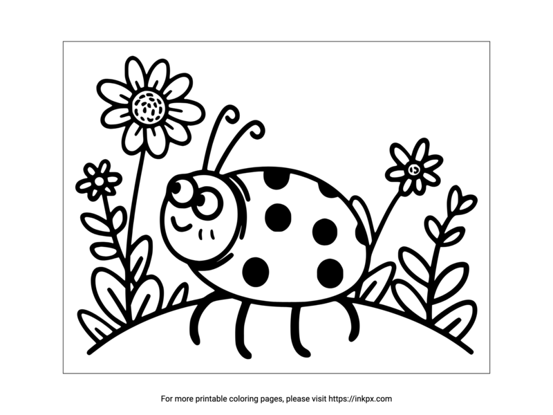 Free Printable Ladybug and Flowers Coloring Page