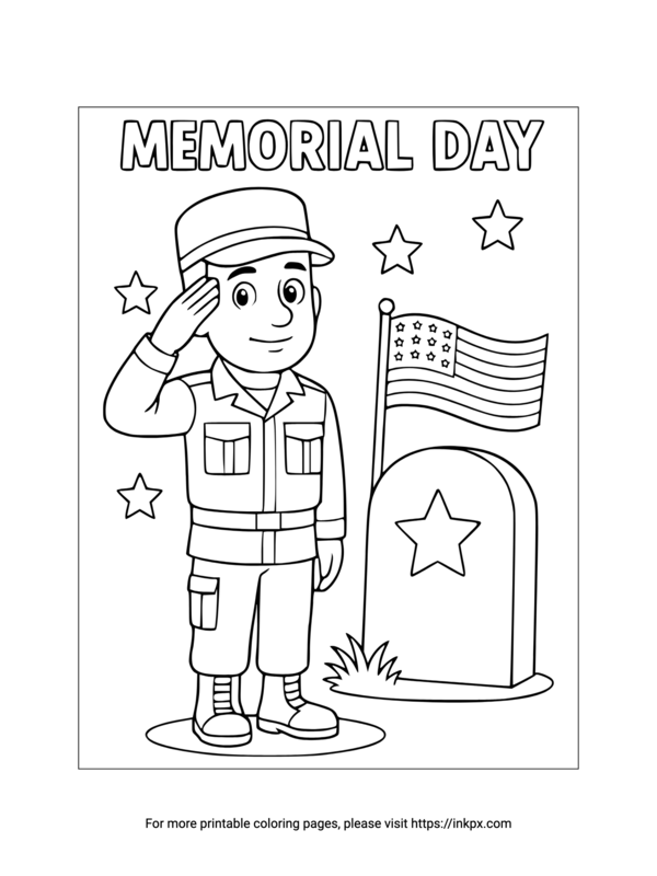 Free Printable Soldier & Flag & Grave Memorial Day Coloring Sheet