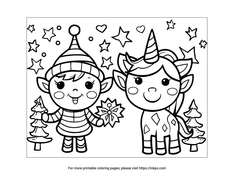 Printable Elf & Unicorn Coloring Page