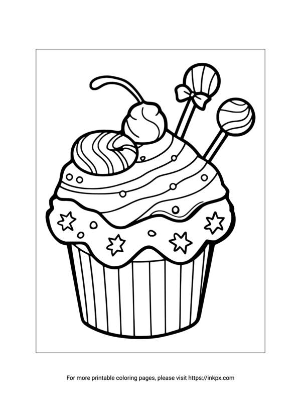 Free Printable Cupcake and Toppings Candy Coloring Page