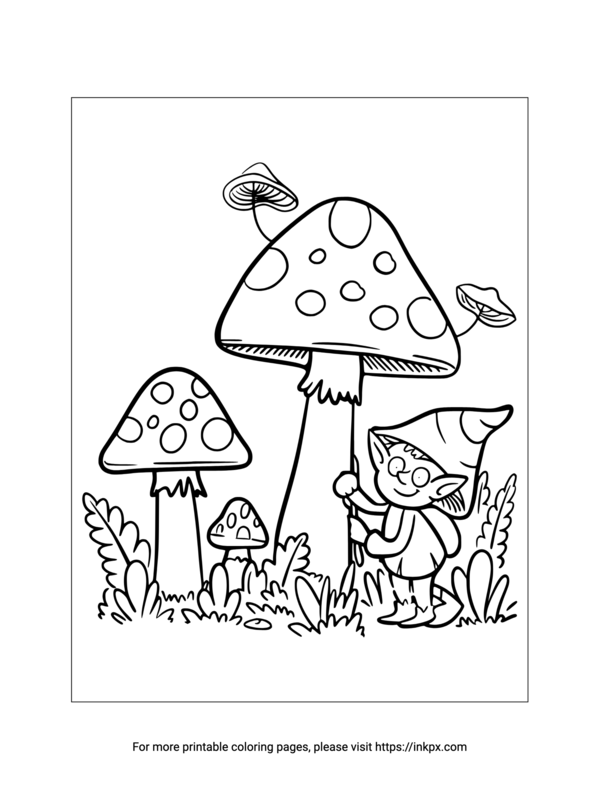 Printable Elf & Mushrooms Coloring Page