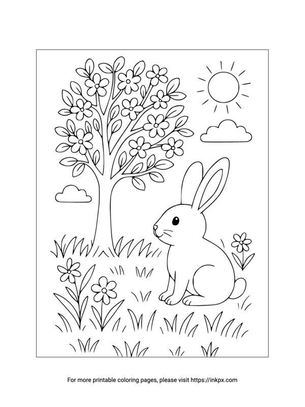 Free Printable Spring & Tree & Cute Rabbit Coloring Page