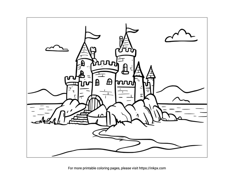 Printable Castle & Beach Coloring Page