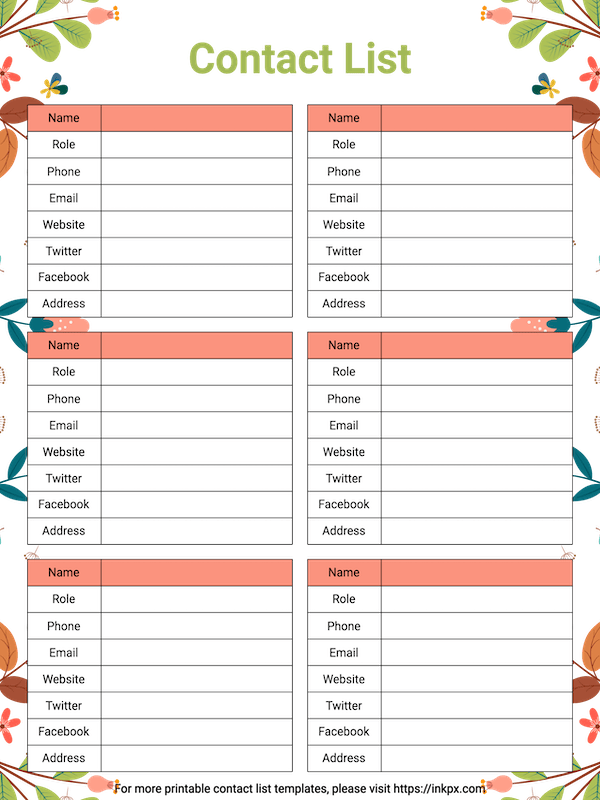 Free Printable Leaf Border Contact List Template