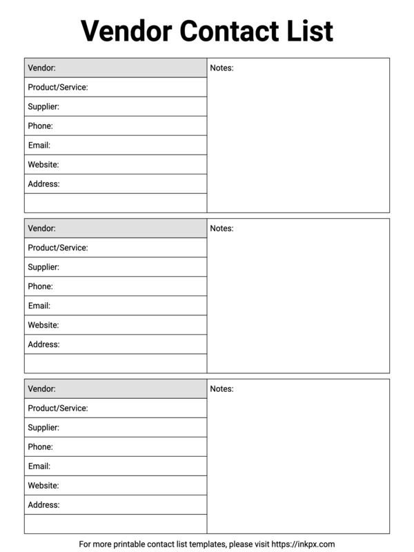 Free Printable Black and White Table Style Vendor Contact List Template