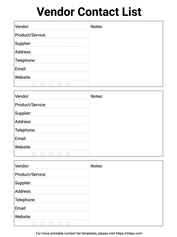 Free Printable Black and White Vendor Contact List Template