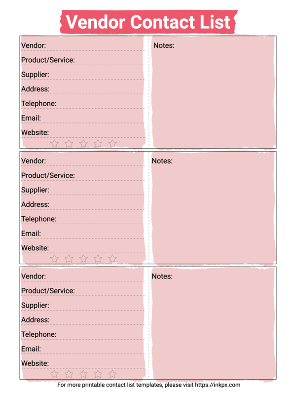 Free Printable Red Tile Vendor Contact List Template