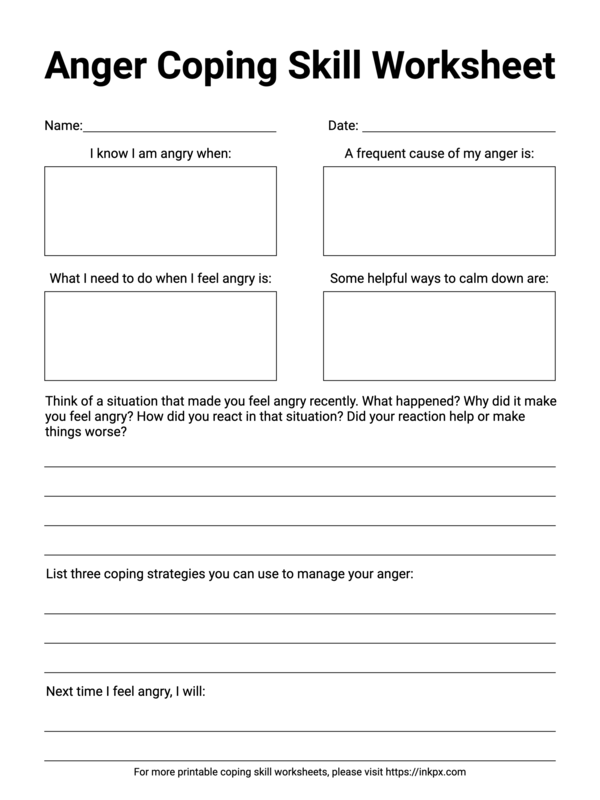 Free Printable Anger Coping Skill Worksheet