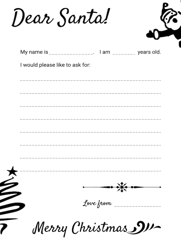 Free Printable Simple Black and White Dear Santa Letter Template · InkPx