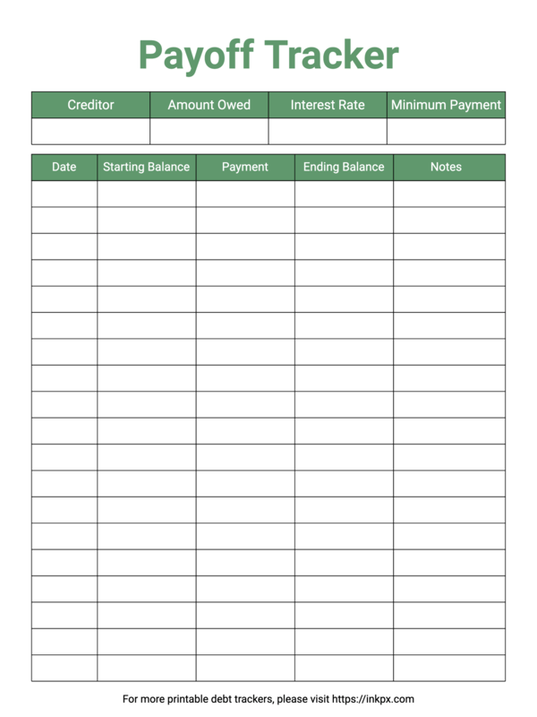 Free Printable Table Style Green Color Pay Off Debt Tracker Template