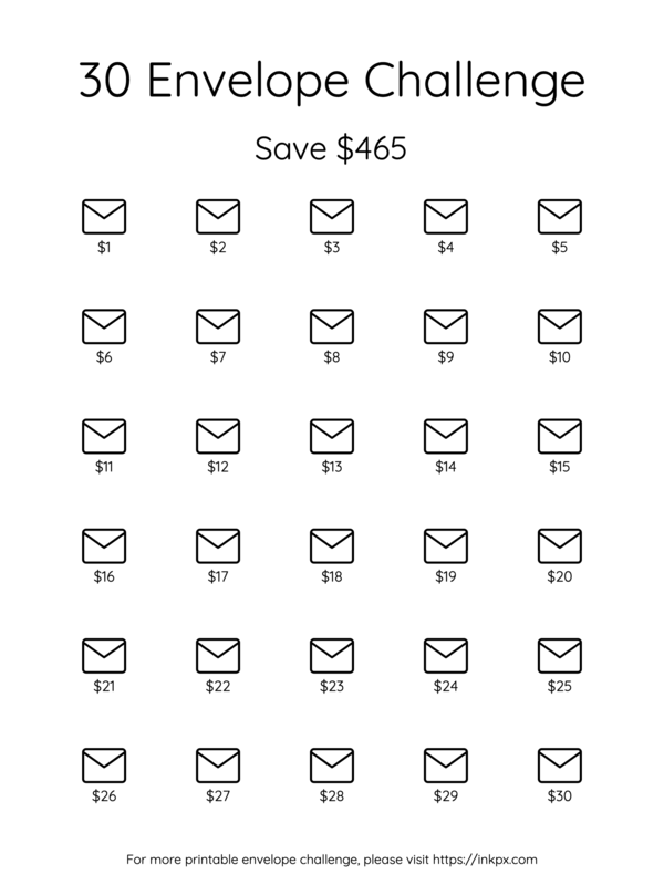 Free Printable Simple 30 Envelope Challenge Save $465