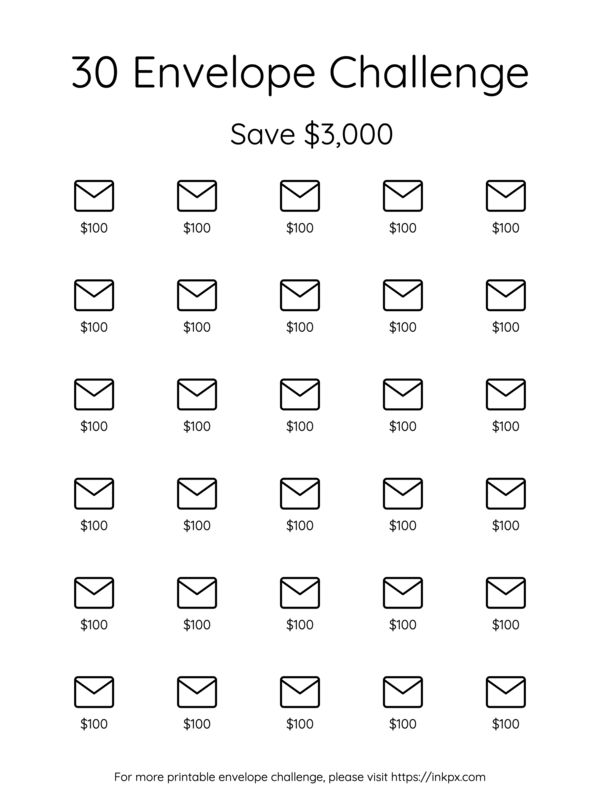 Printable Simple 30 Envelope Challenge Save $3000