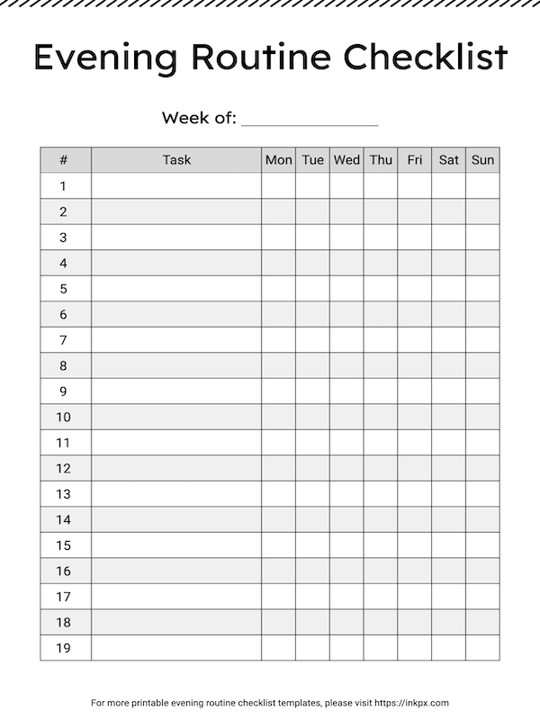 Free Editable Blank Table Style Evening Routine Checklist Template