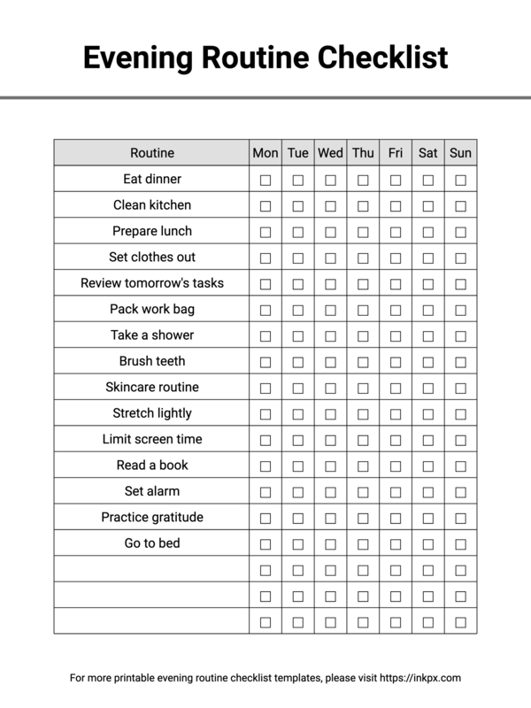 Free Printable and Editable Simple Weekly Editable Evening Routine Checklist