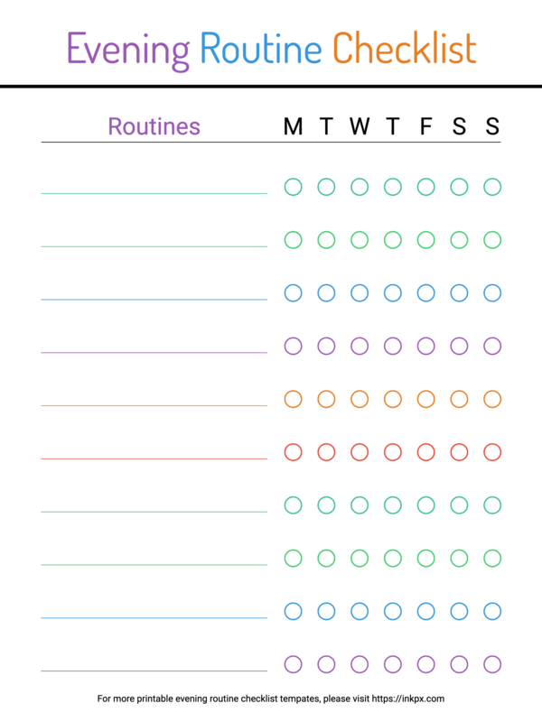 Free Printable Blank Colorful Weekly Evening Routine Checklist for Adults