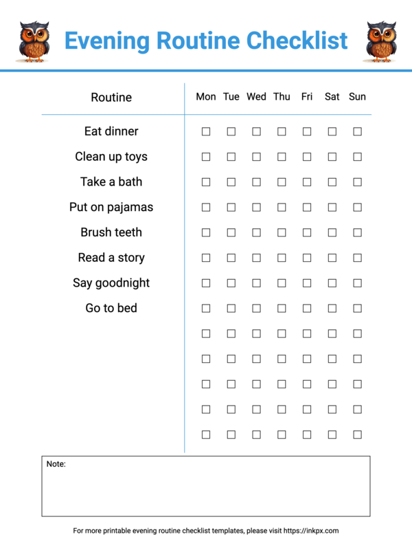 Free Printable Minimalist Colorful Weekly Evening Routine Checklist for Kids