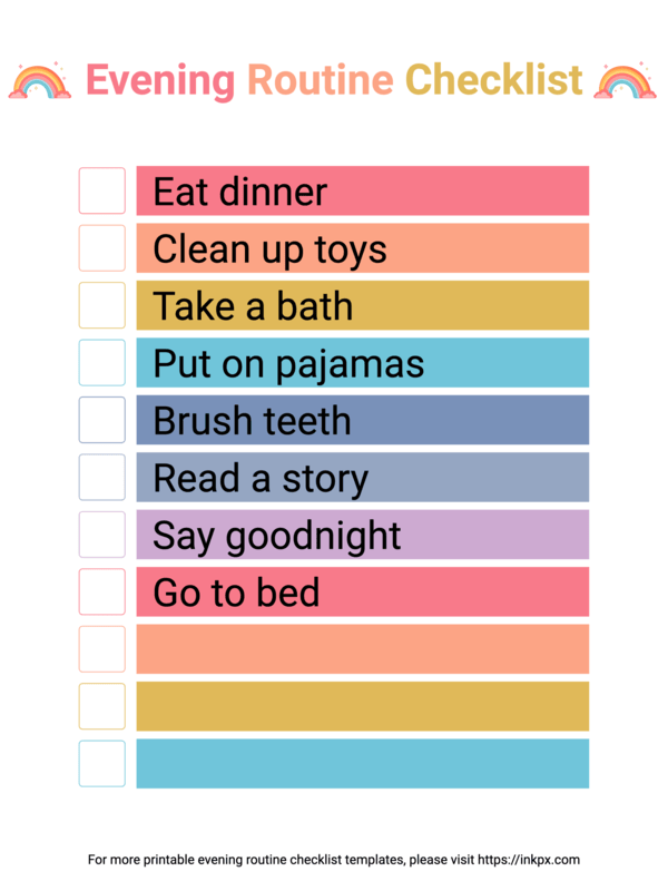 Free Printable Simple Colorful Editable & Printable Daily Evening Routine Checklist for Kid