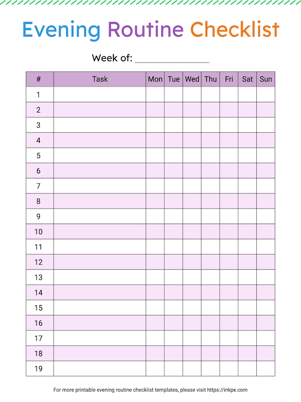 Free Printable Blank Colorful Table Style Evening Routine Checklist Template