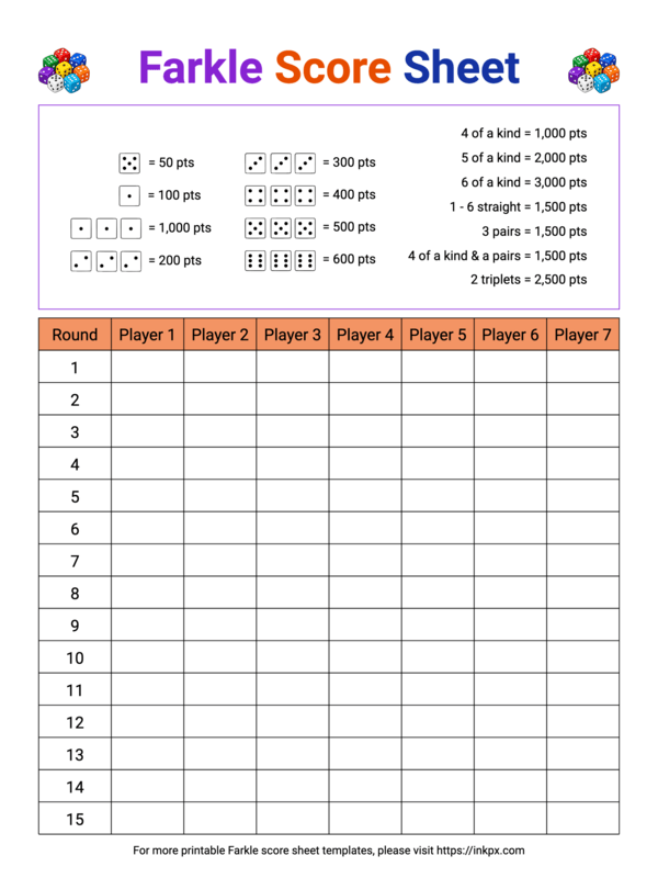 Free Printable Colorful Farkle Score Sheet(Score Guide) · InkPx