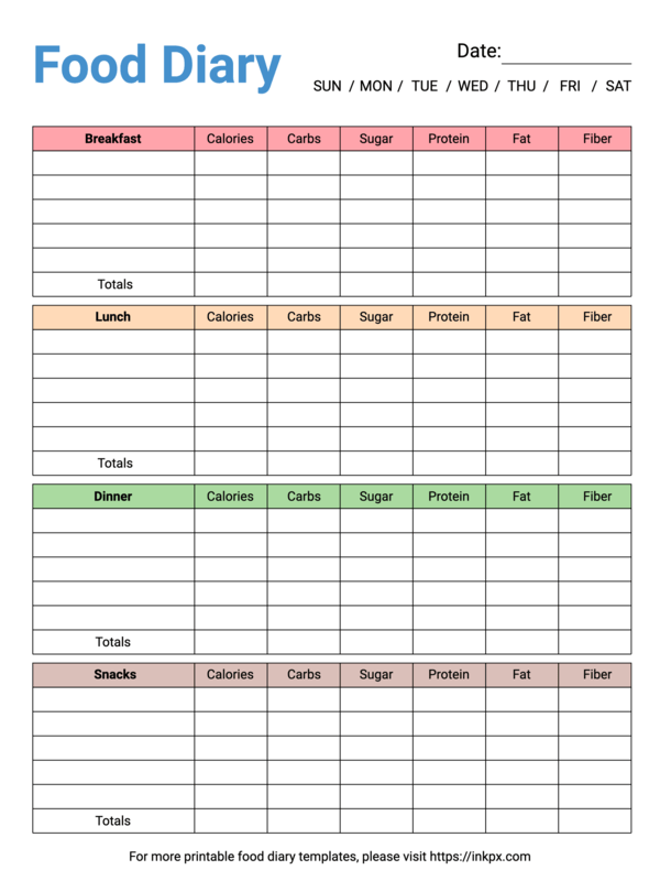 Free Printable Colorful Nutrition Information Food Diary Template