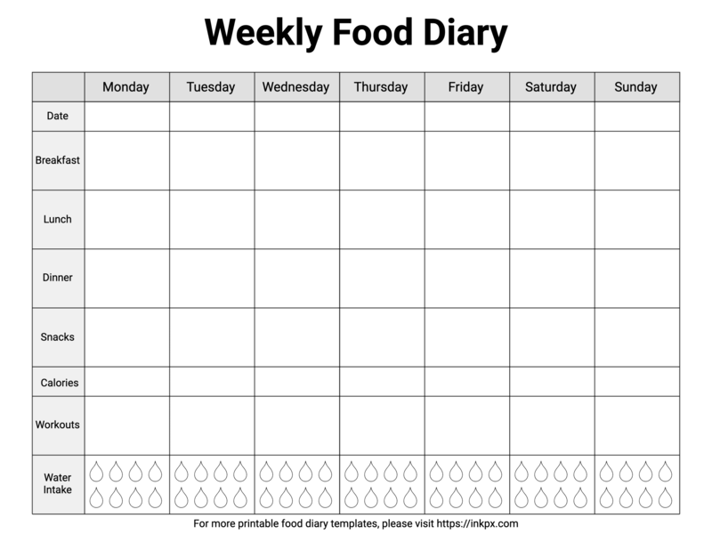 Free Printable Simple Table Style Black and White Weekly Food Diary Template