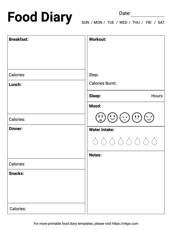 Free Printable Simple Black and White Daily Food Diary Template
