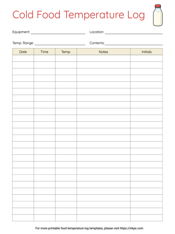 Free Printable Simple Colorful Cold Food Temperature Log