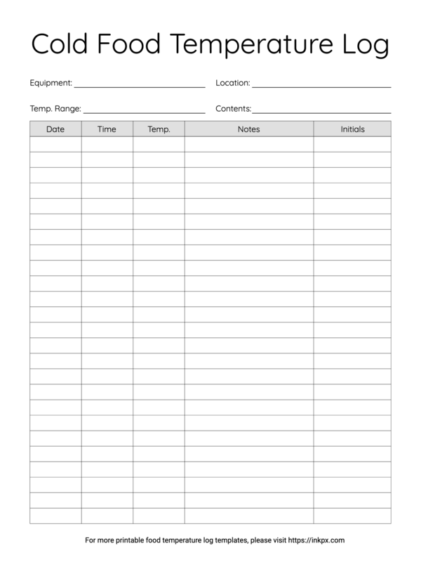 Free Printable Simple Cold Food Temperature Log