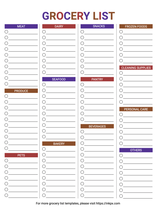 Free Printable Colorful Grocery List Template · InkPx