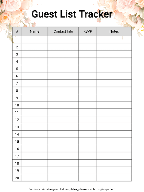 Free Printable Floral Guest List Tracker Template
